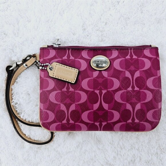 COACH Fushia Signature Logo Canvas and Leather Top Zip Wristlet Wallet Organizer - Picture 1 of 16